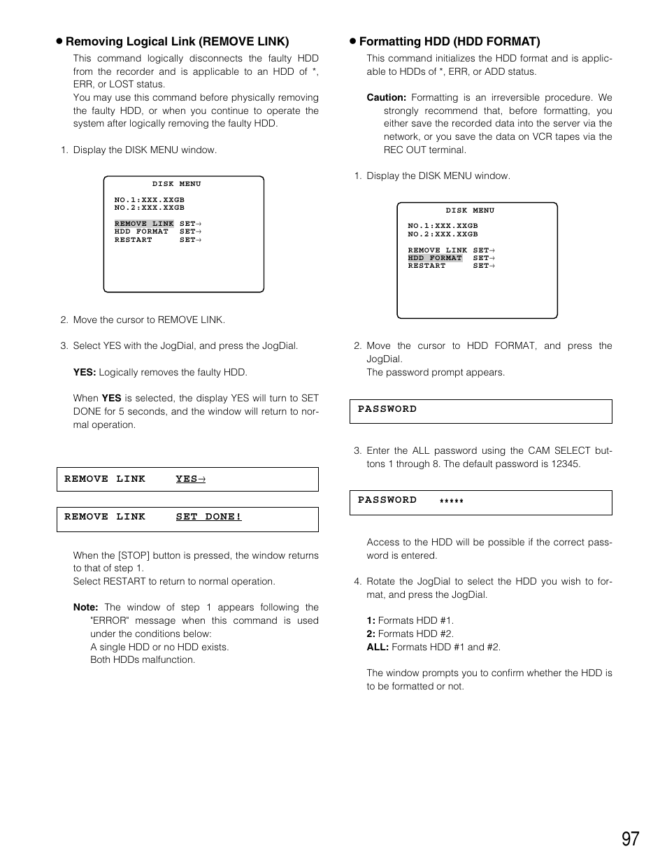 8 formatting hdd (hdd format), 8 removing logical link (remove link) | Panasonic WJ-HD220 User Manual | Page 97 / 103