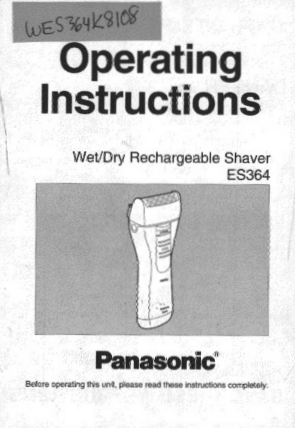 Panasonic Wet/Dry Rechargeable Shaver ES364 User Manual | 16 pages