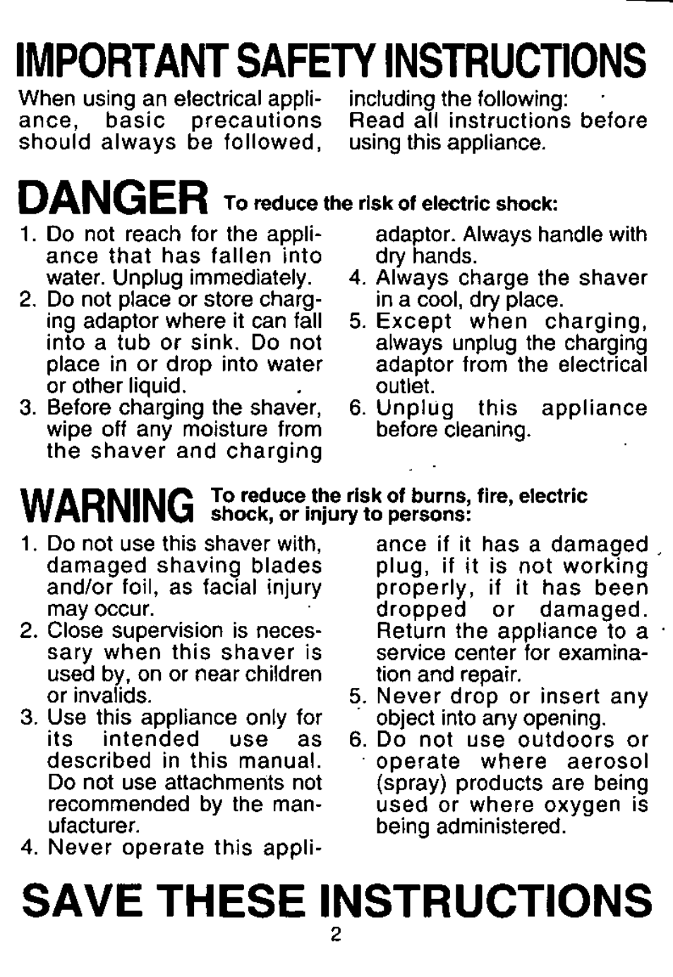 Important safety instructions, Danger, Save these instructions | Warning | Panasonic Wet/Dry Rechargeable Shaver ES364 User Manual | Page 2 / 16