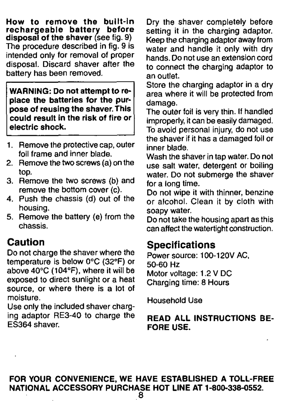 Caution, Specifications | Panasonic Wet/Dry Rechargeable Shaver ES364 User Manual | Page 8 / 16