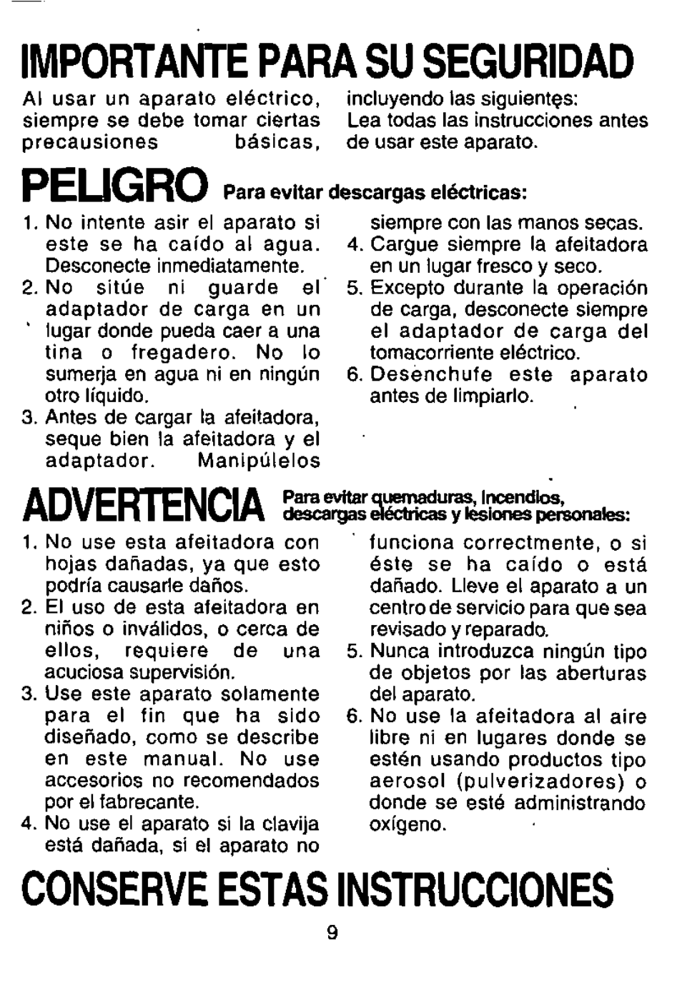 Importante para su seguridad, Peugro, Conserve estas instrucciones | A^\/cdtem^i a | Panasonic Wet/Dry Rechargeable Shaver ES364 User Manual | Page 9 / 16