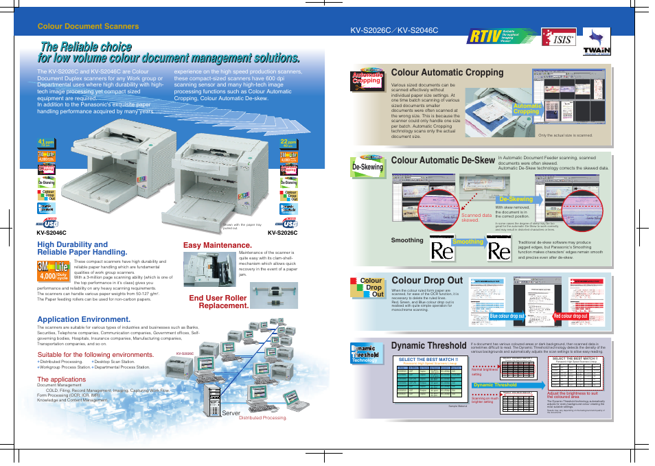 Life, Colour automatic cropping, Colour automatic de-skew | Colour drop out, Dynamic threshold, De-skewing, Colour document scanners, Application environment | Panasonic KV-S2046C User Manual | Page 2 / 2