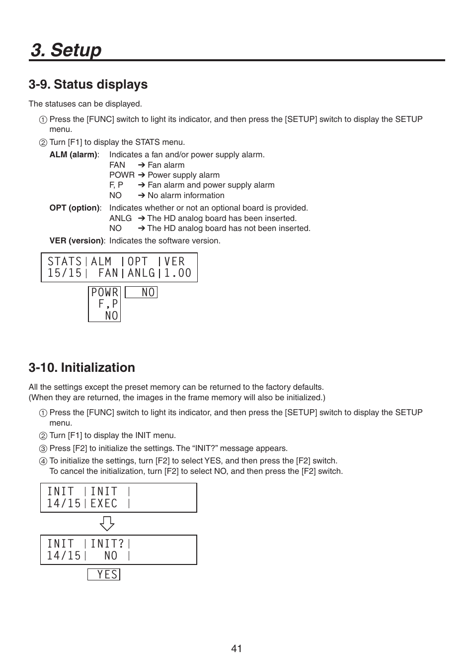 Setup, 9. status displays, 10. initialization | Panasonic AV-HS300G User Manual | Page 15 / 20