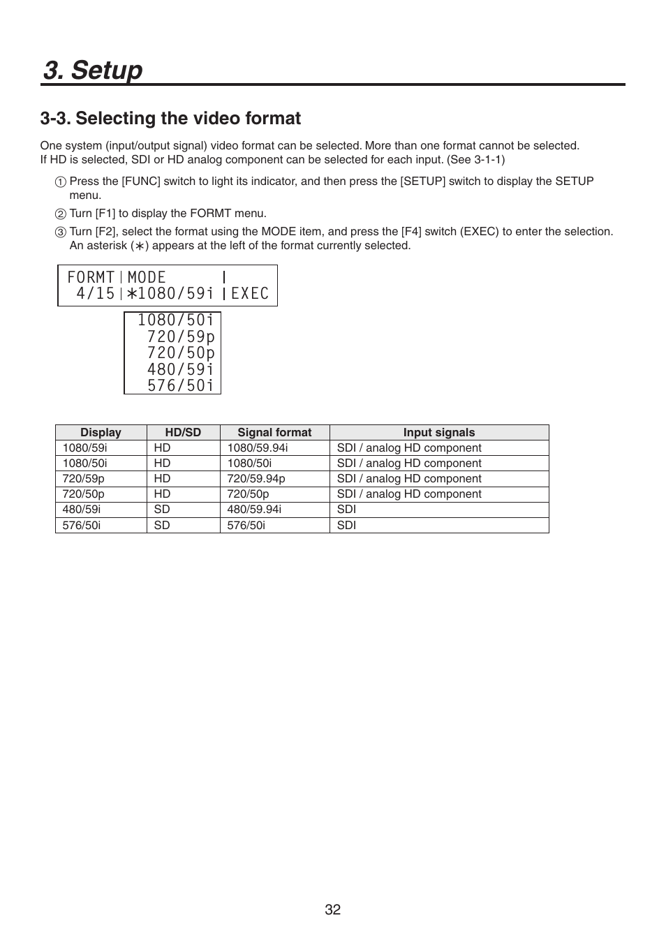 Setup, 3. selecting the video format | Panasonic AV-HS300G User Manual | Page 6 / 20