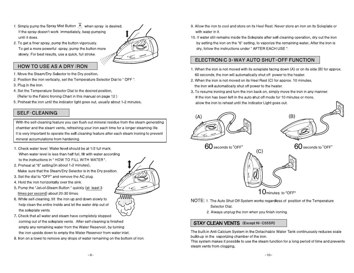 How to use as a dry iron, Self-cleaning, Electronic 3-way auto shut-off function | Panasonic NI-C55SR User Manual | Page 5 / 6