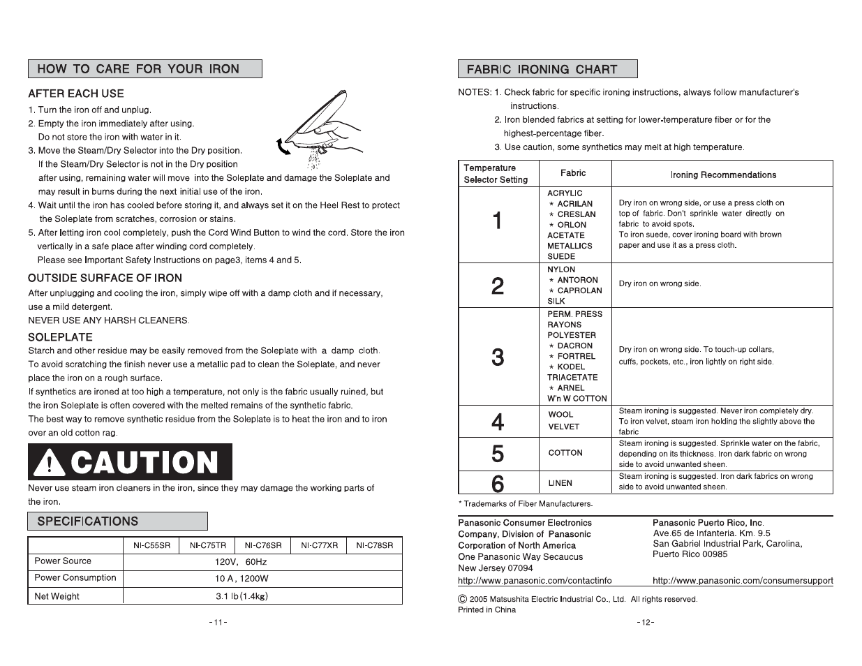 How to care for your iron, Fabric ironing chart, After each use | Outside surface of iron, Soleplate, A caution | Panasonic NI-C55SR User Manual | Page 6 / 6