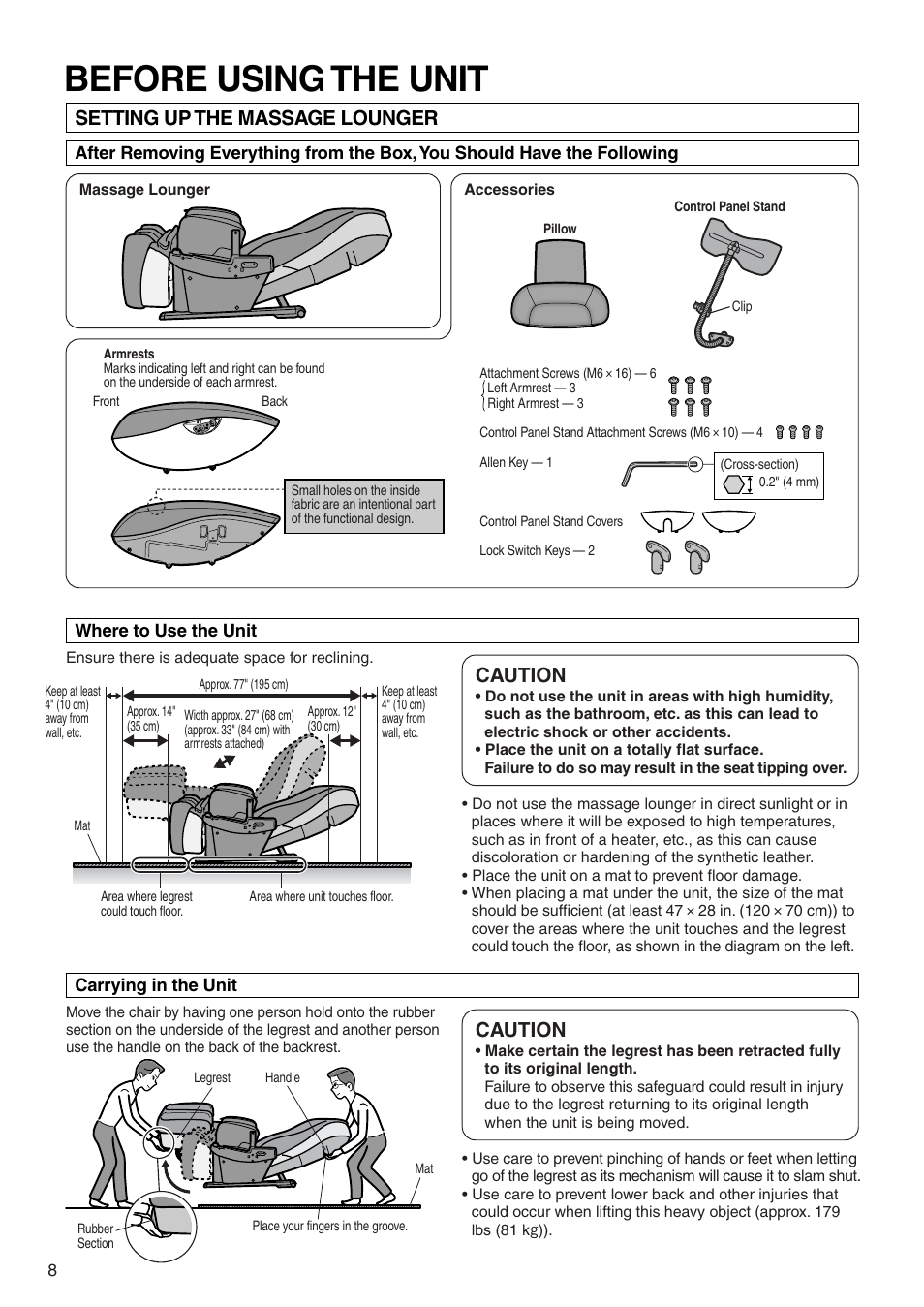 Before using the unit, Setting up the massage lounger, Caution | Panasonic EP322 User Manual | Page 10 / 41