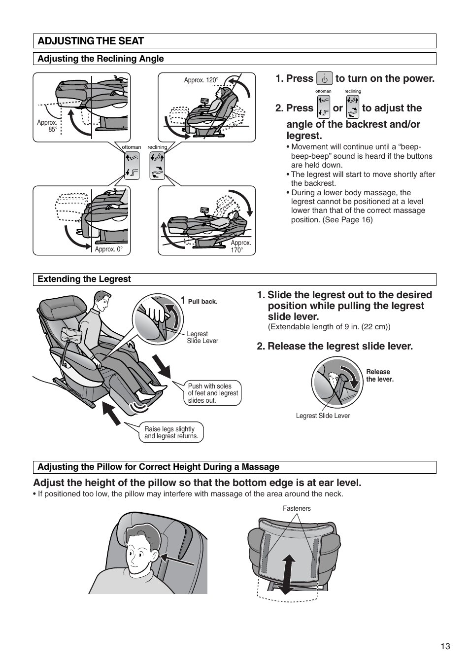 Adjusting the seat, Release the legrest slide lever | Panasonic EP322 User Manual | Page 15 / 41