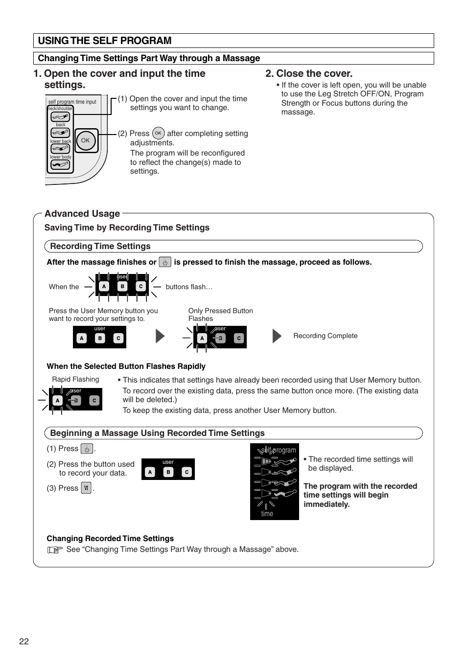 Using the self program, Open the cover and input the time settings, Close the cover | Advanced usage | Panasonic EP322 User Manual | Page 24 / 41