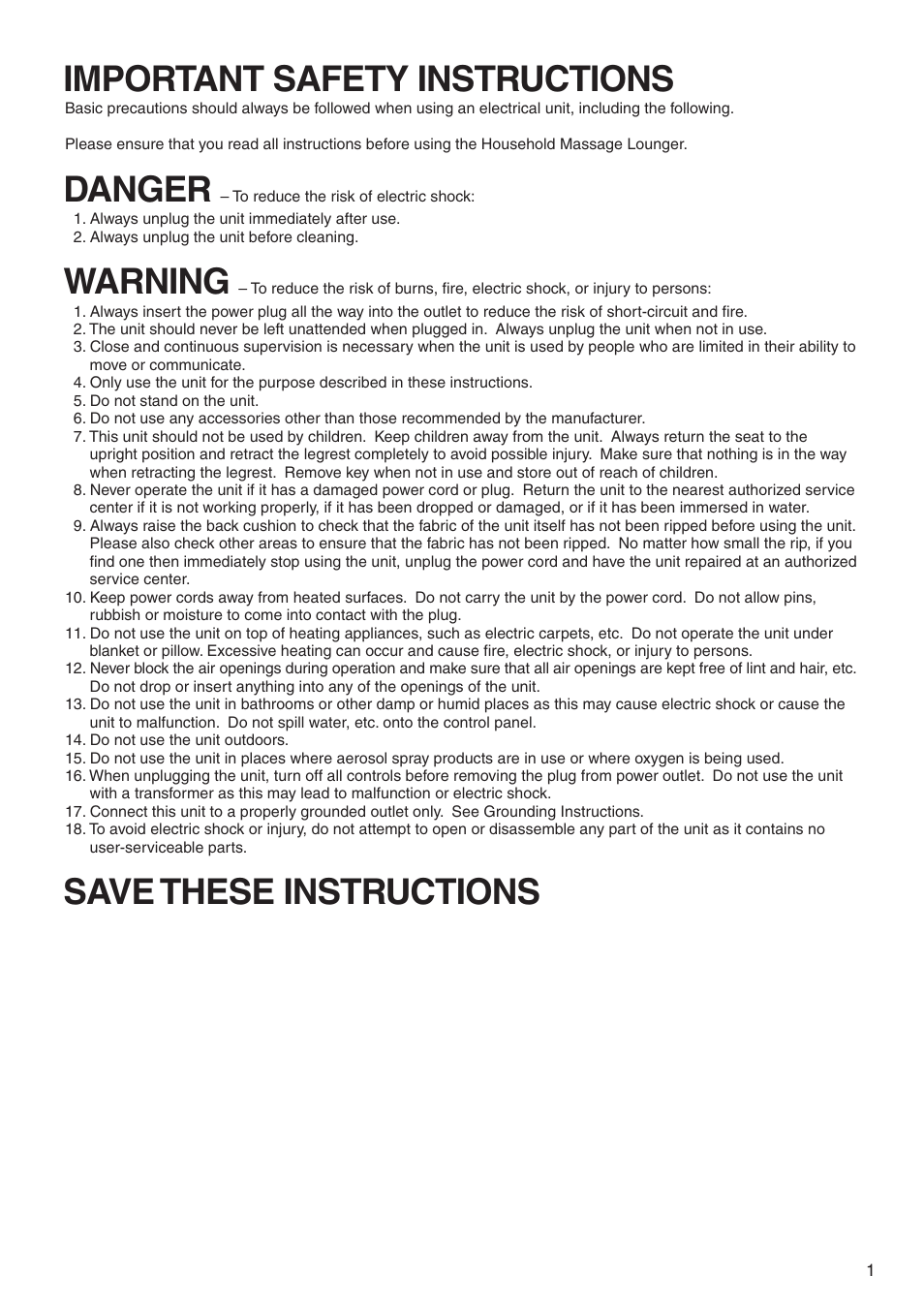 Important safety instructions, Danger, Warning | Save these instructions | Panasonic EP322 User Manual | Page 3 / 41