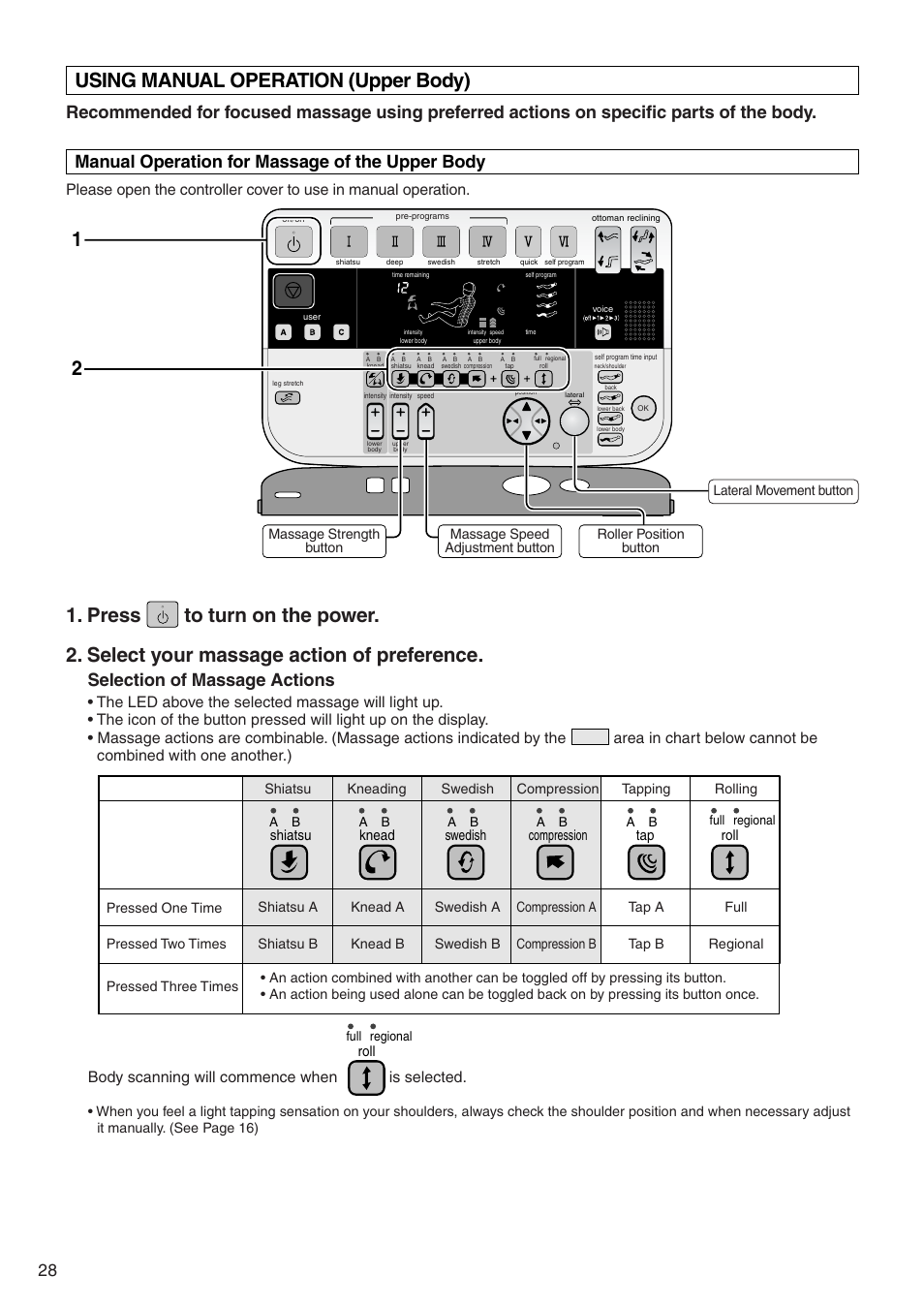 Using manual operation (upper body), Manual operation for massage of the upper body, Selection of massage actions | Body scanning will commence when is selected | Panasonic EP322 User Manual | Page 30 / 41