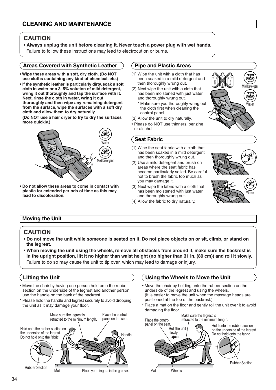 Caution, Cleaning and maintenance, Seat fabric | Panasonic EP322 User Manual | Page 36 / 41