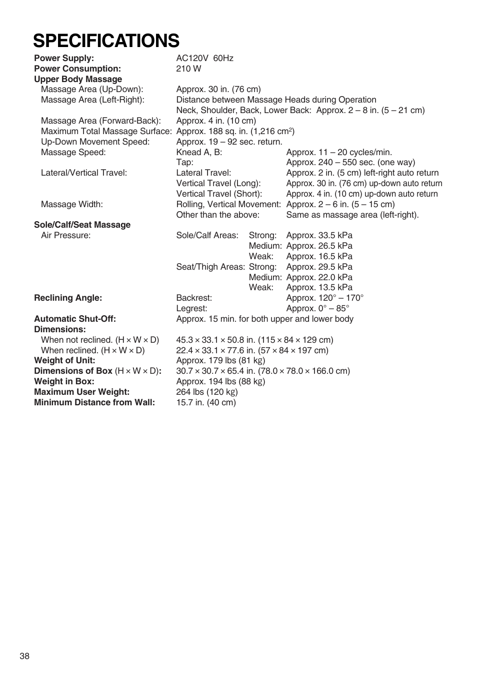 Specifications | Panasonic EP322 User Manual | Page 40 / 41