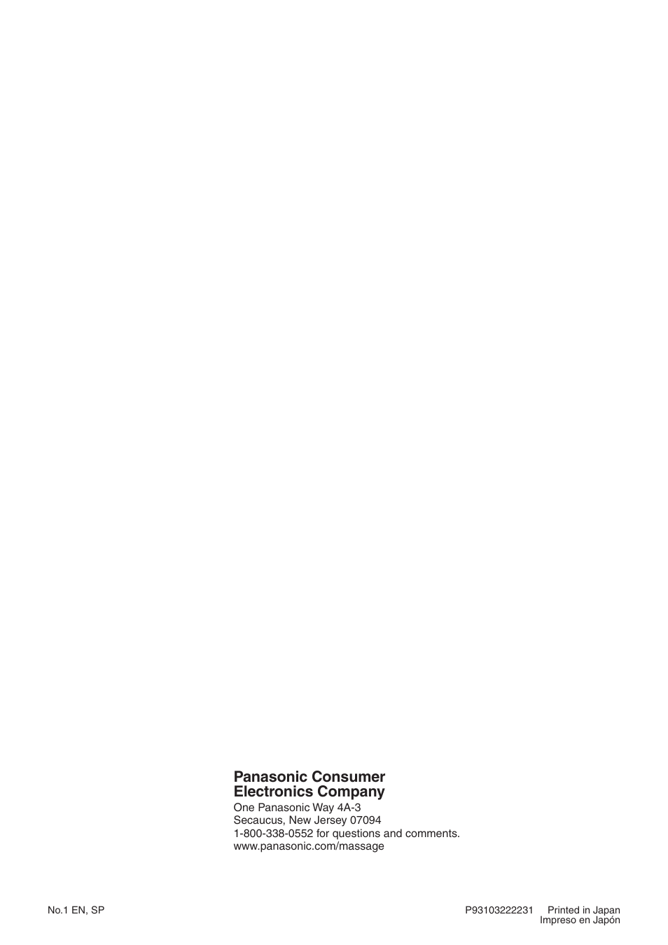 Panasonic consumer electronics company | Panasonic EP322 User Manual | Page 41 / 41