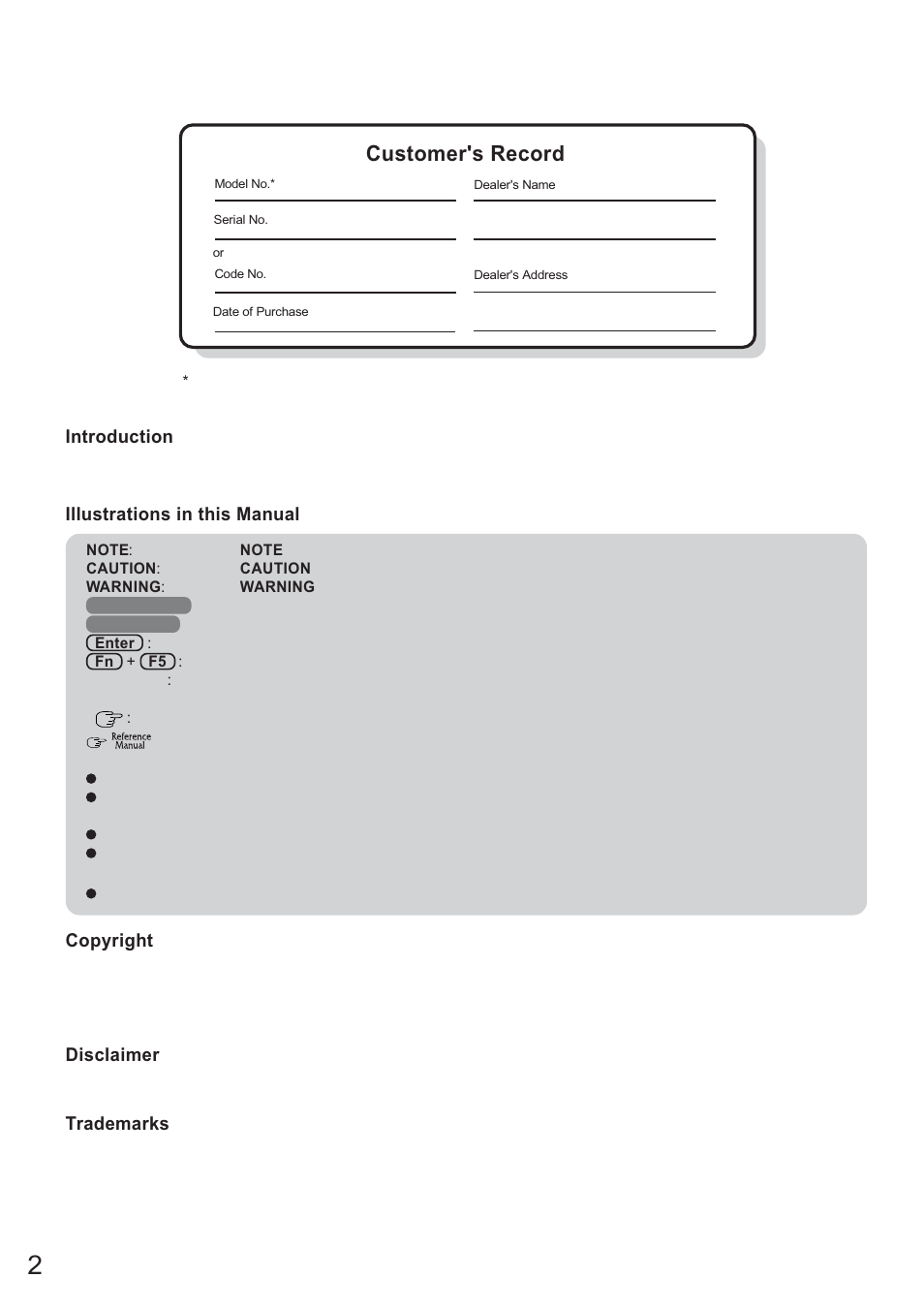 Customer's record, Getting started, Introduction | Illustrations in this manual copyright, Disclaimer, Trademarks | Panasonic CF-18 Series User Manual | Page 2 / 44