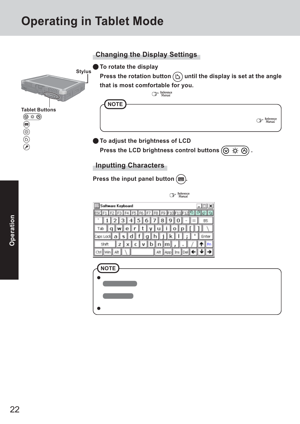 Operating in tablet mode, Changing the display settings, Inputting characters | Panasonic CF-18 Series User Manual | Page 22 / 44