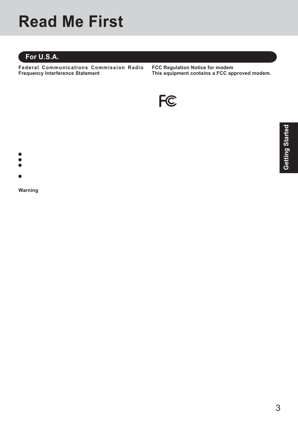 Read me first, For u.s.a | Panasonic CF-18 Series User Manual | Page 3 / 44