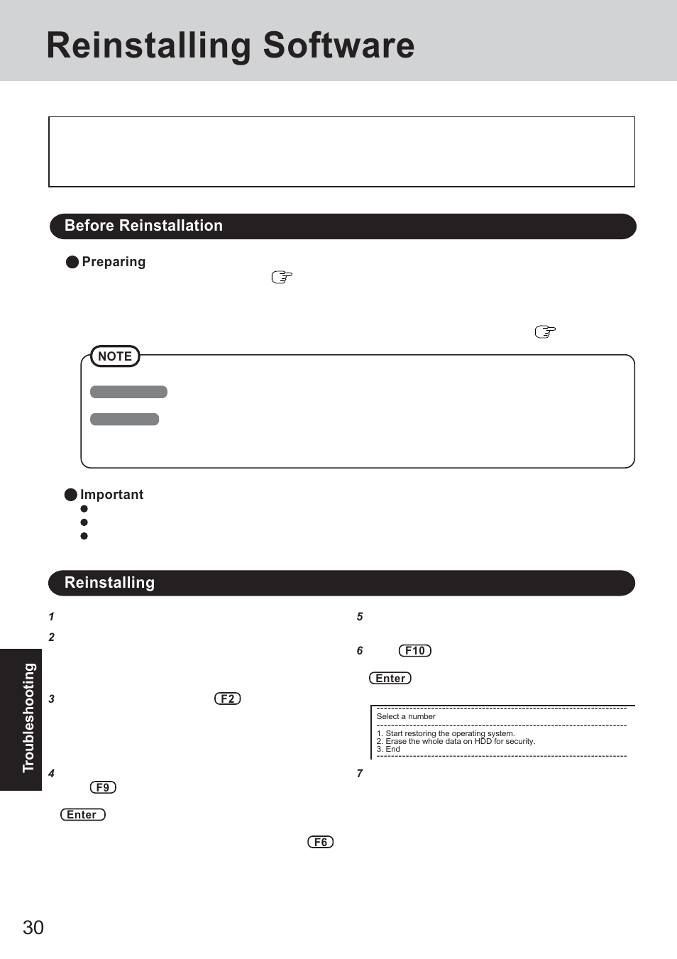 Reinstalling software, Before reinstallation, Reinstalling | Panasonic CF-18 Series User Manual | Page 30 / 44