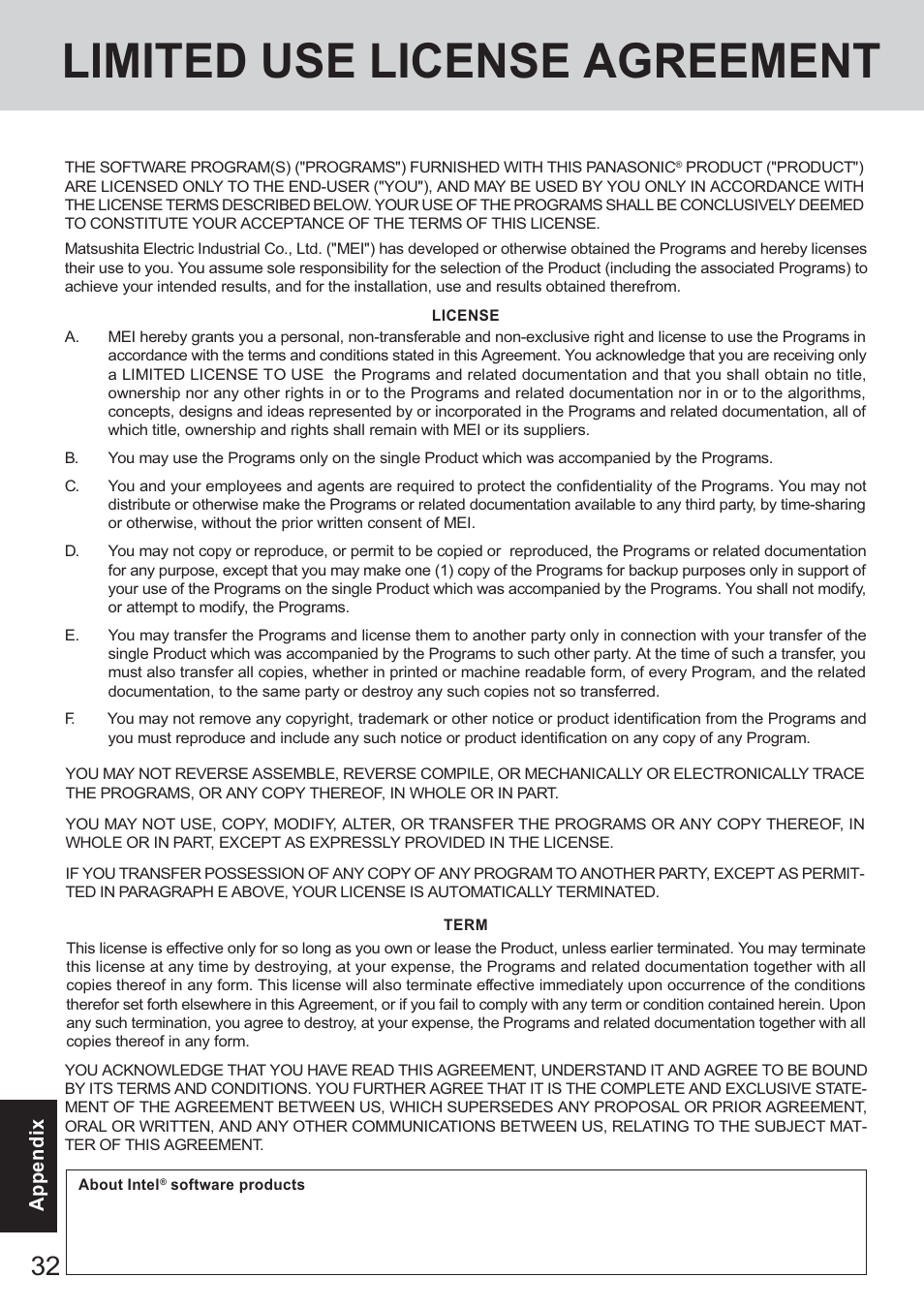 Limited use license agreement | Panasonic CF-18 Series User Manual | Page 32 / 44