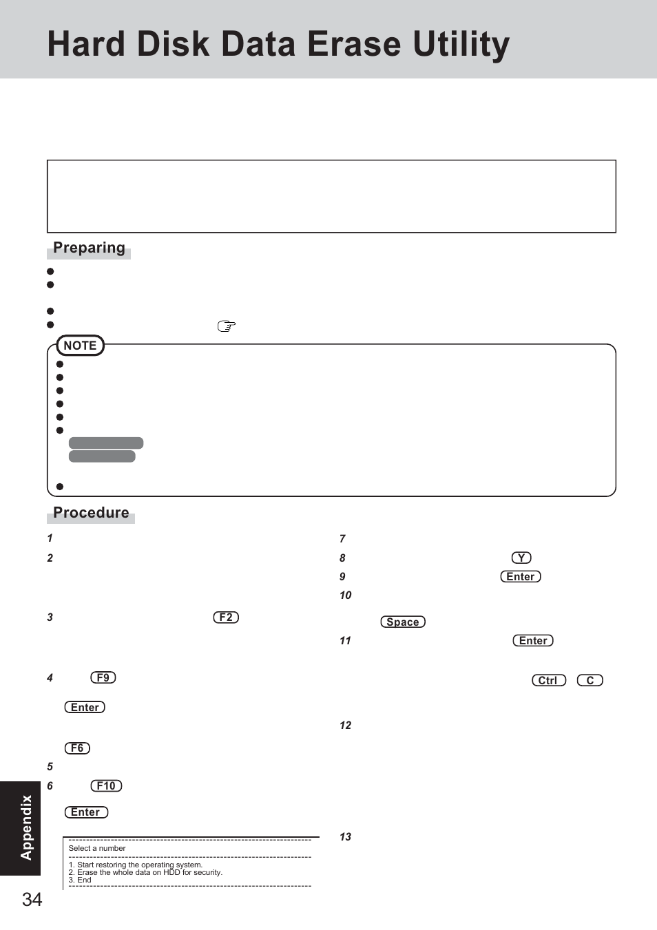 Hard disk data erase utility, Procedure, Preparing | Panasonic CF-18 Series User Manual | Page 34 / 44
