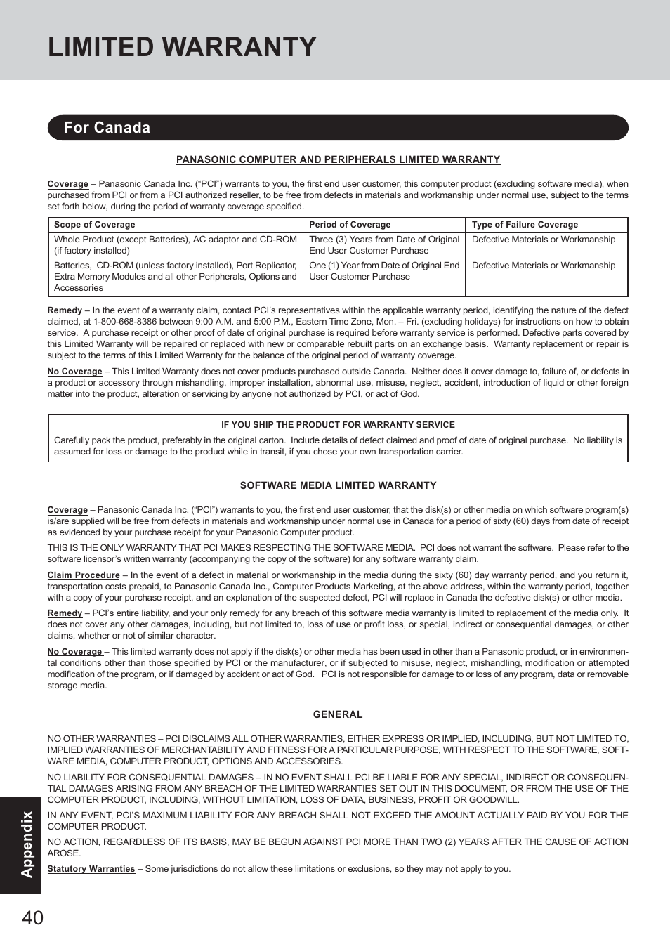 Limited warranty, For canada, Appendix | Panasonic CF-18 Series User Manual | Page 40 / 44