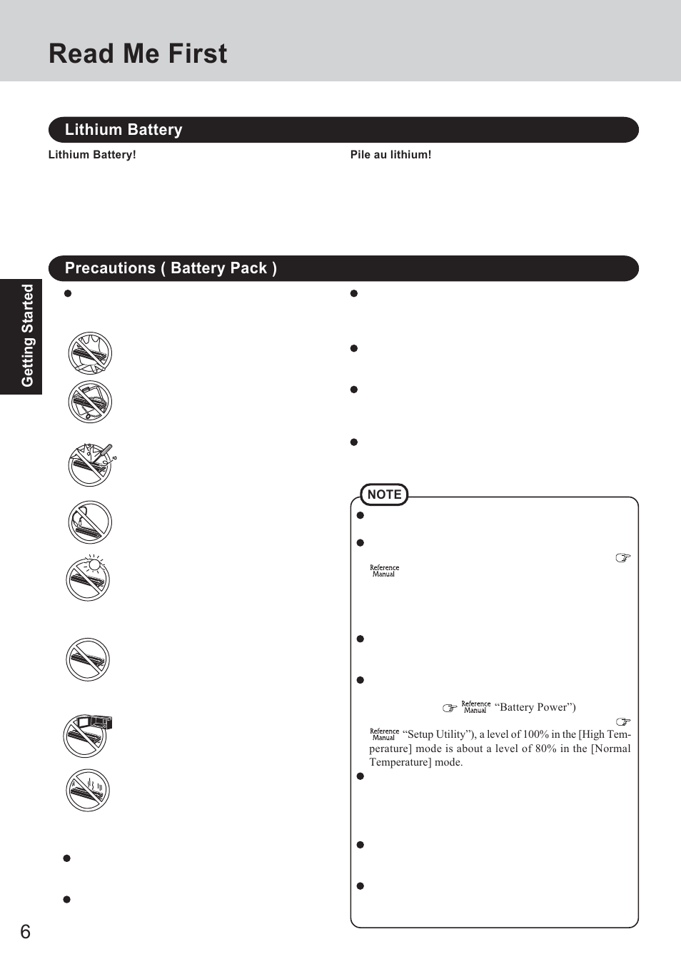 Read me first, Precautions ( battery pack ), Lithium battery | Panasonic CF-18 Series User Manual | Page 6 / 44