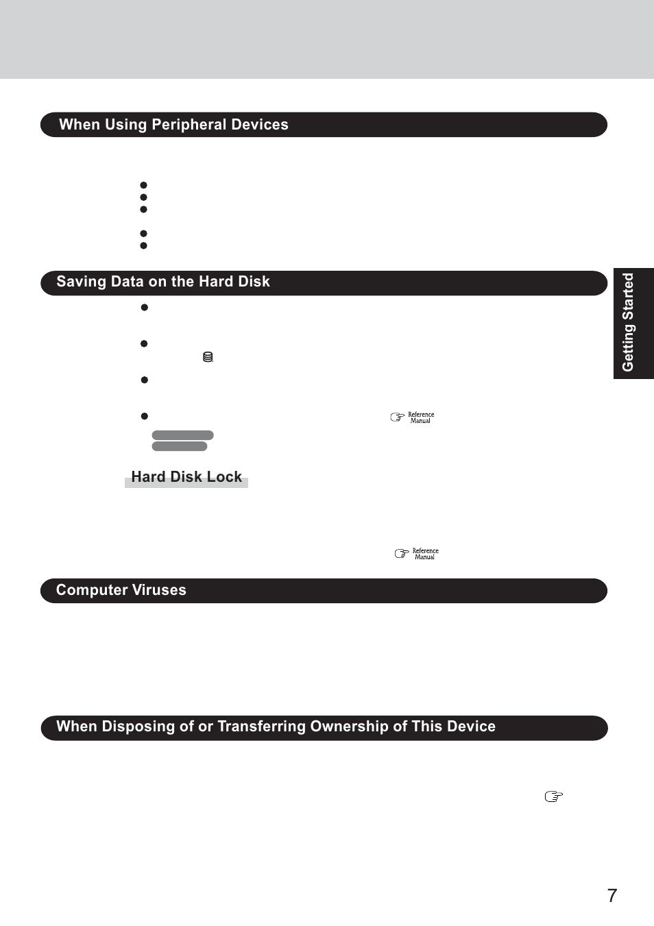 Computer viruses, Saving data on the hard disk, Hard disk lock | When using peripheral devices, Getting started | Panasonic CF-18 Series User Manual | Page 7 / 44