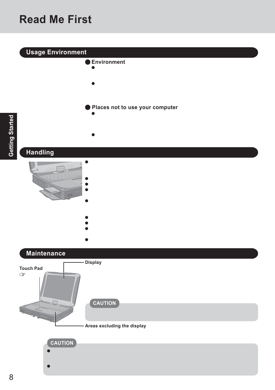 Read me first, Usage environment, Handling | Maintenance | Panasonic CF-18 Series User Manual | Page 8 / 44