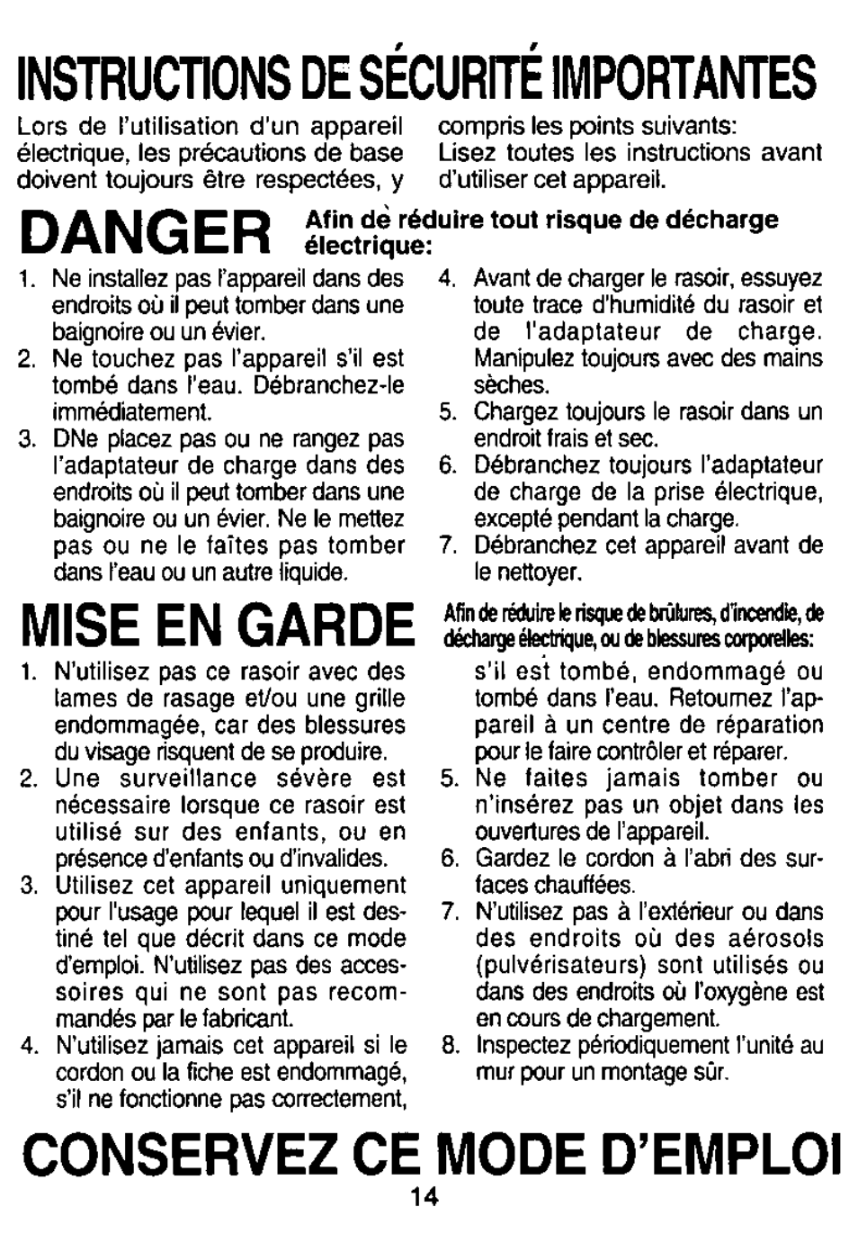 Instructions de securite importantes, Danger, Mise en garde | Conservez ce mode d’emploi | Panasonic ES882 User Manual | Page 14 / 20