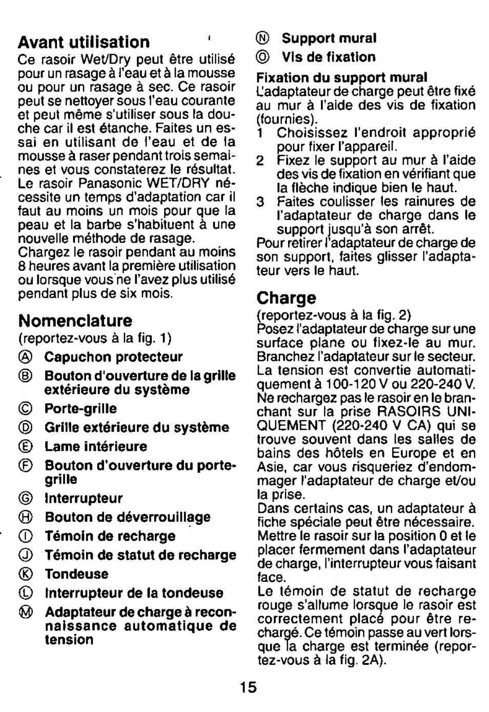 Avant utilisation, Nomenclature, Charge | Panasonic ES882 User Manual | Page 15 / 20