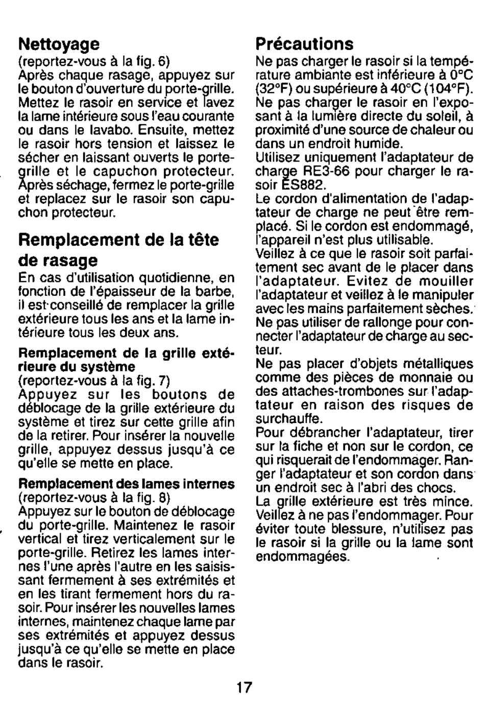 Nettoyage, Remplacement de la tête de rasage, Précautions | Panasonic ES882 User Manual | Page 17 / 20