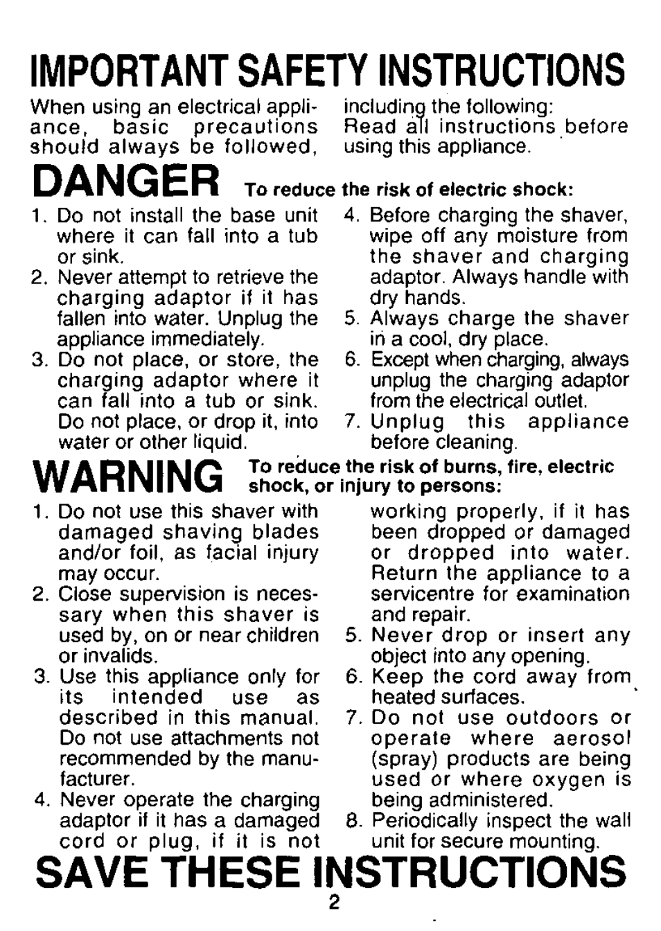 Important safety instructions, Danger, Warning | Save these instructions | Panasonic ES882 User Manual | Page 2 / 20