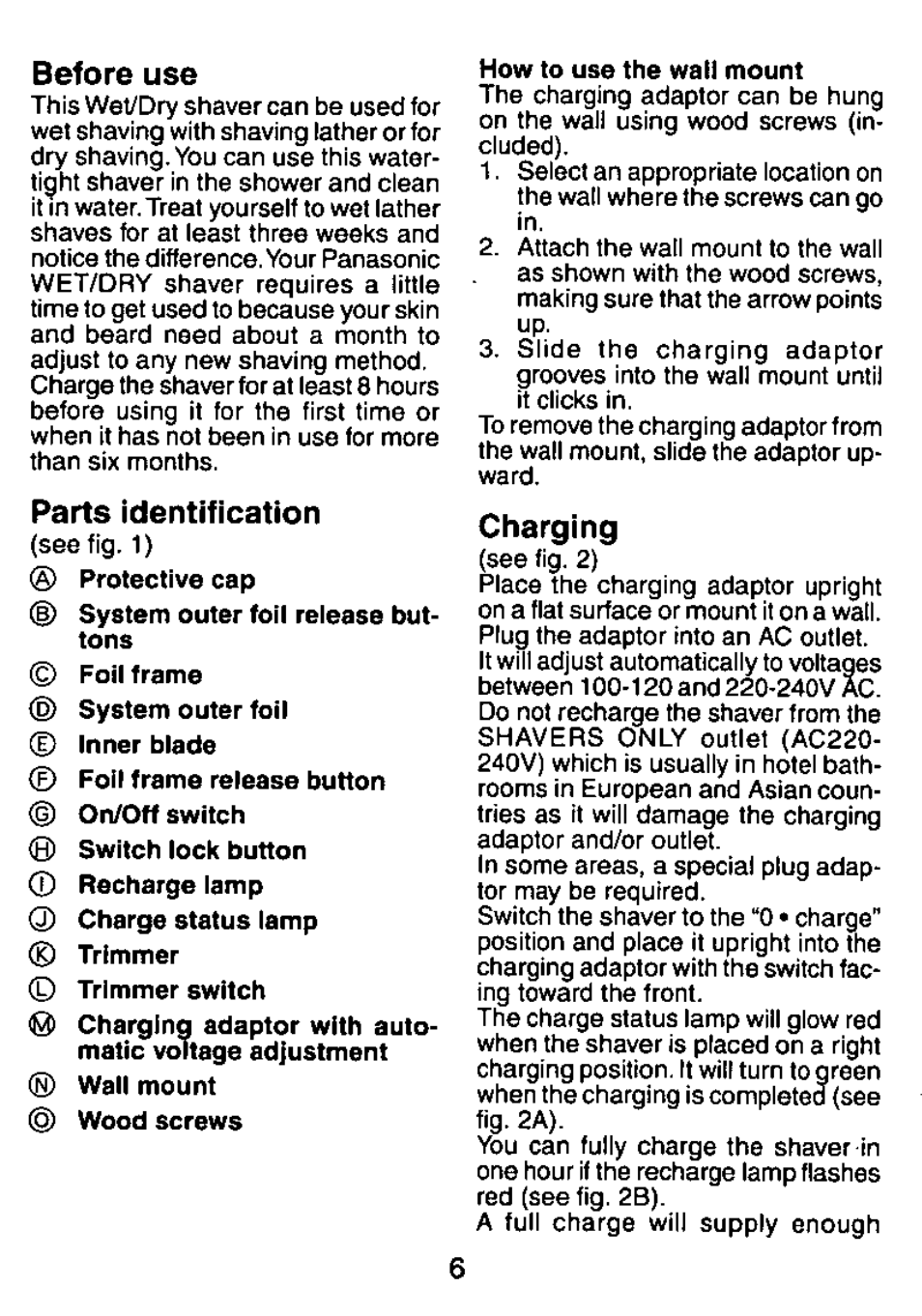 Before use, Parts identification, Charging | Panasonic ES882 User Manual | Page 6 / 20