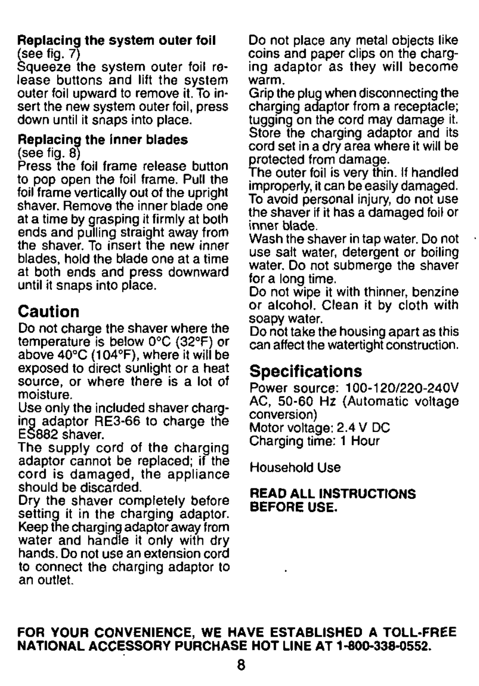 Caution, Specifications | Panasonic ES882 User Manual | Page 8 / 20