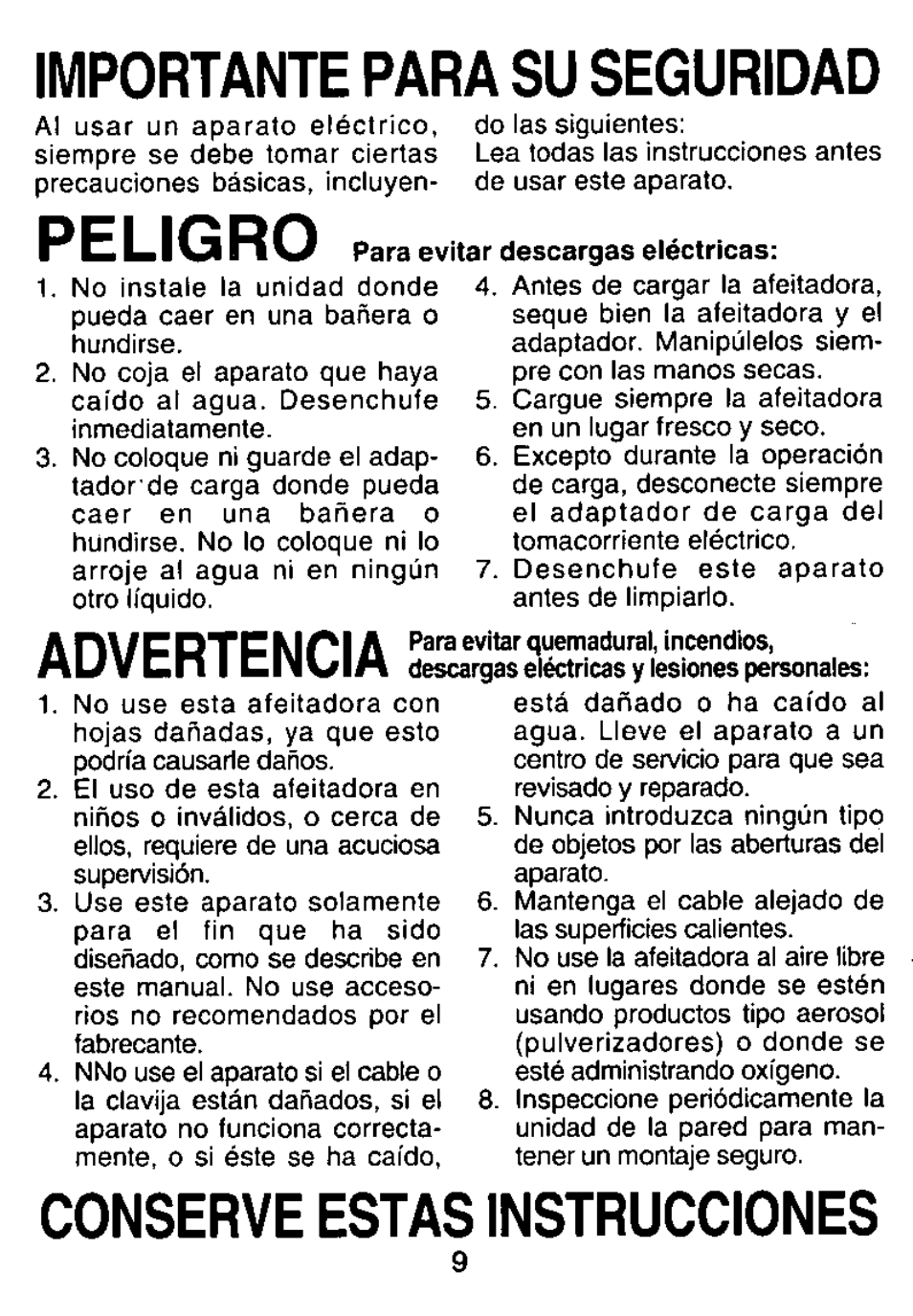Importante para su seguridad, Advertencia, Conserve estas instrucciones | Peligro | Panasonic ES882 User Manual | Page 9 / 20