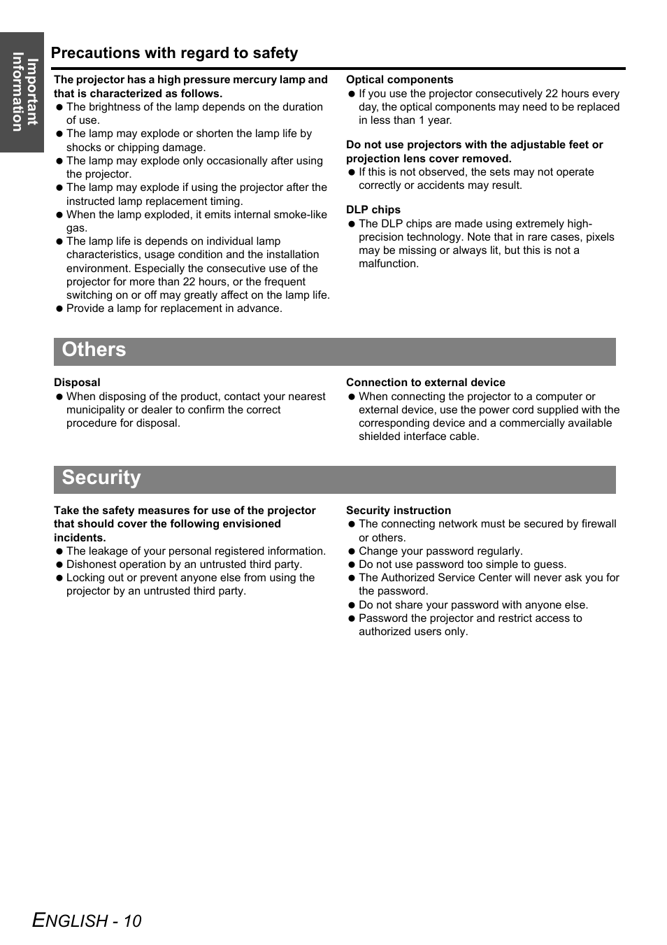 Others, Security, Others security | Nglish - 10, Precautions with regard to safety, Important information | Panasonic DLP PT-D6000U User Manual | Page 10 / 50