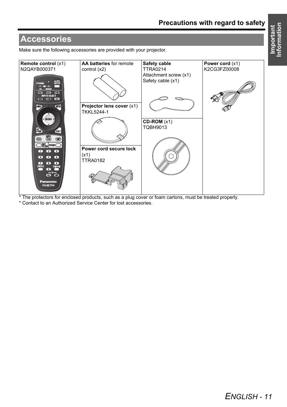 Accessories, Nglish - 11, Precautions with regard to safety | Panasonic DLP PT-D6000U User Manual | Page 11 / 50