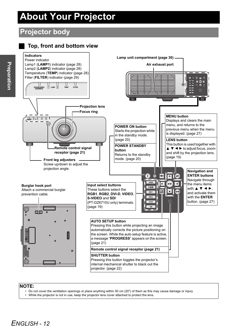 About your projector, Projector body, Nglish - 12 | Jtop, front and bottom view, Preparation | Panasonic DLP PT-D6000U User Manual | Page 12 / 50