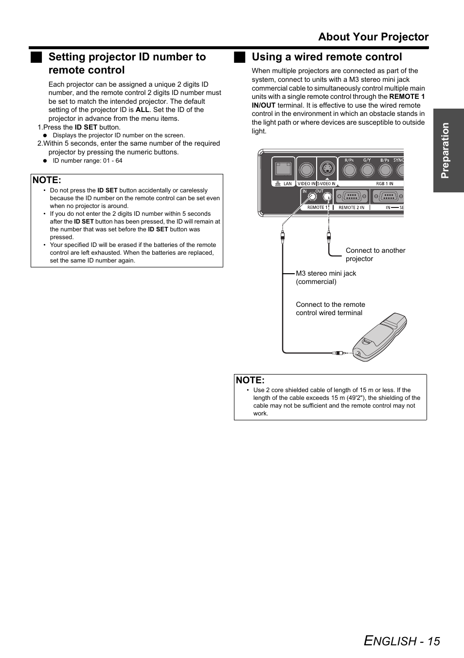 Nglish - 15, About your projector, Jsetting projector id number to remote control | Jusing a wired remote control, Prep arat ion | Panasonic DLP PT-D6000U User Manual | Page 15 / 50