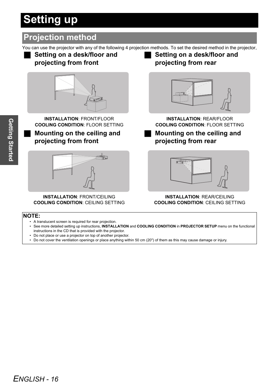 Setting up, Projection method, Nglish - 16 | Panasonic DLP PT-D6000U User Manual | Page 16 / 50