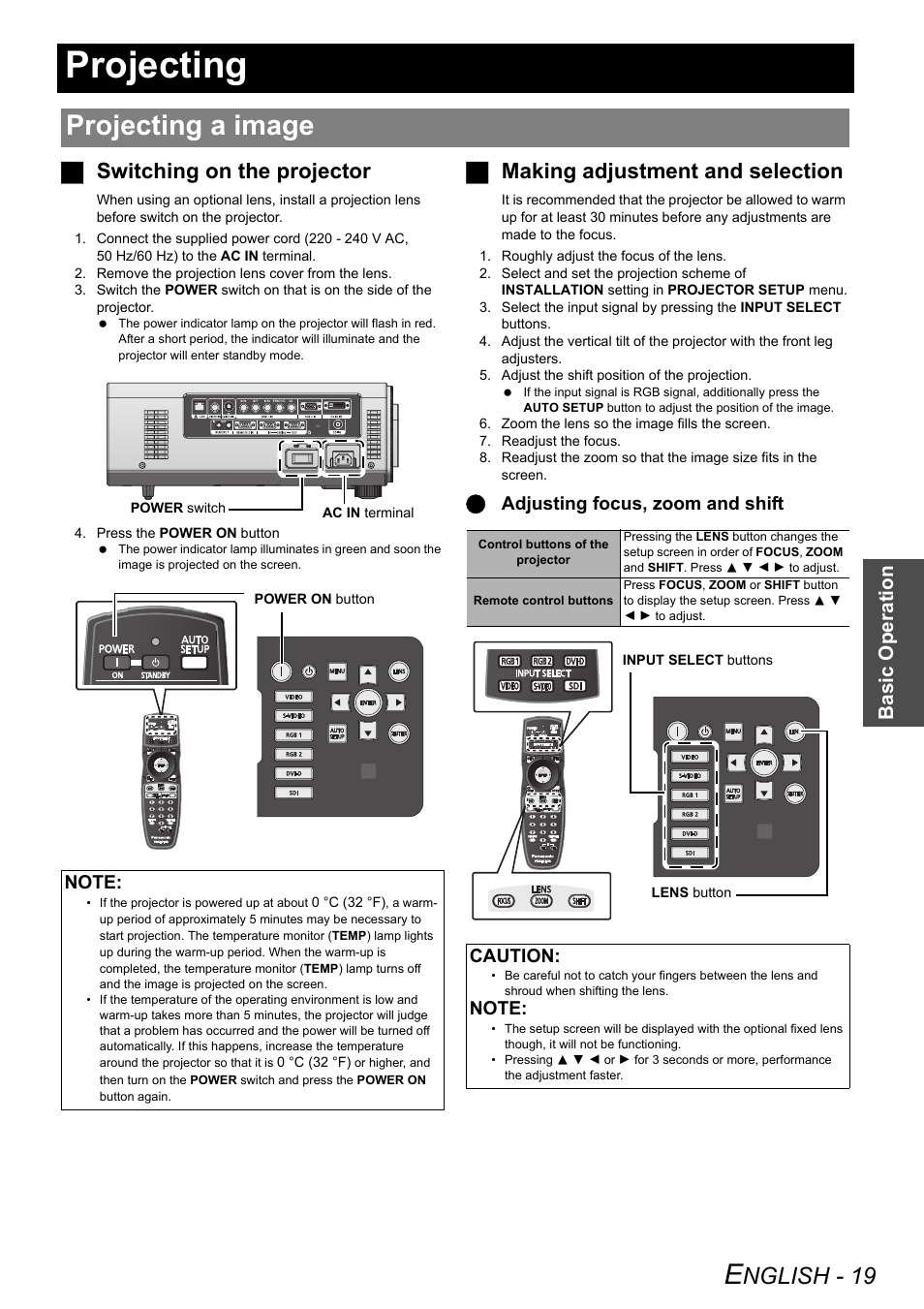 Projecting, Projecting a image, Nglish - 19 | Jswitching on the projector, Jmaking adjustment and selection, Basic o p eration, Qadjusting focus, zoom and shift, Caution | Panasonic DLP PT-D6000U User Manual | Page 19 / 50