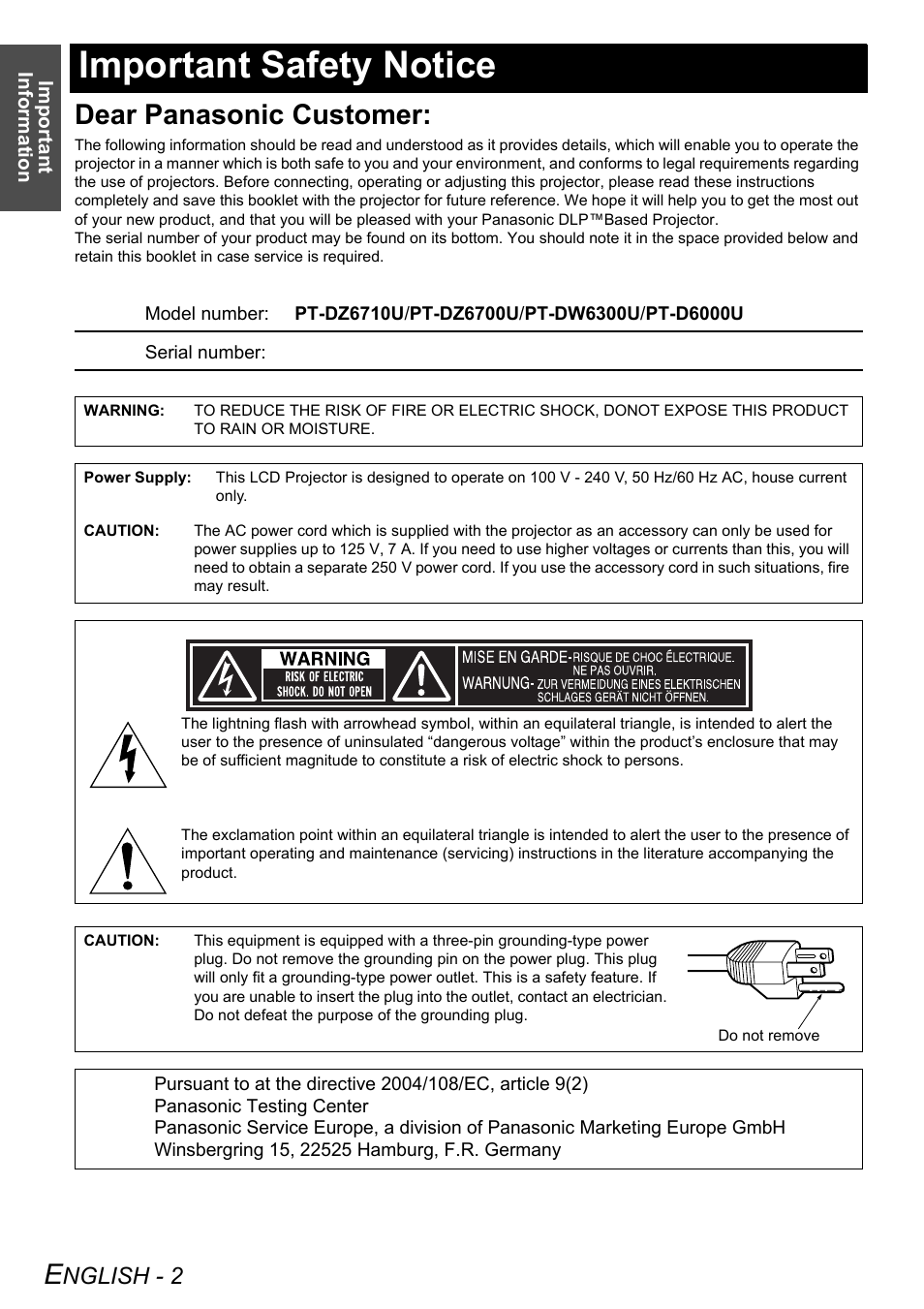 Important safety notice, Dear panasonic customer, Nglish - 2 | Panasonic DLP PT-D6000U User Manual | Page 2 / 50