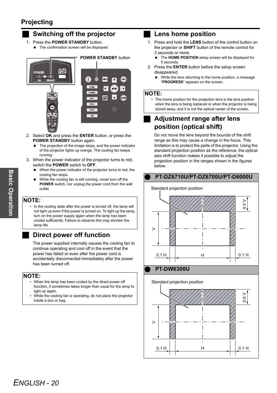 Nglish - 20, Projecting, Jswitching off the projector | Jdirect power off function, Jlens home position, Basi c op eration | Panasonic DLP PT-D6000U User Manual | Page 20 / 50