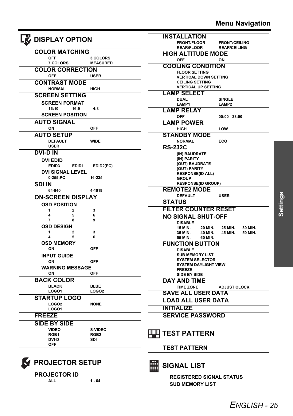 Nglish - 25, Menu navigation, Settings | Color matching, Color correction, Contrast mode, Screen setting, Auto signal, Auto setup, Dvi-d in | Panasonic DLP PT-D6000U User Manual | Page 25 / 50