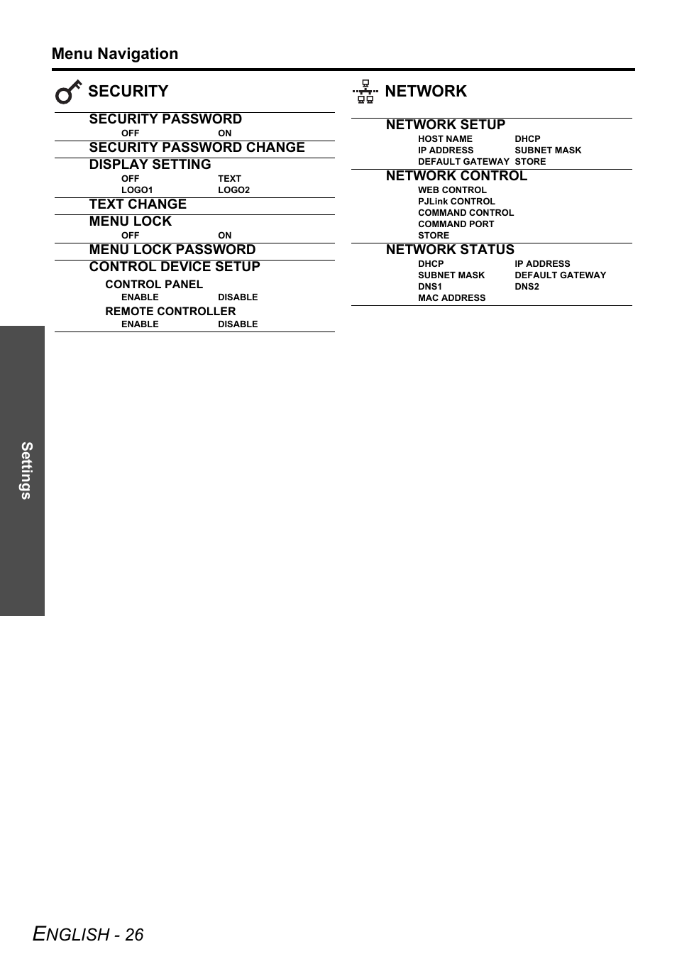 Nglish - 26, Menu navigation, Security network | Settings, Security password, Security password change display setting, Text change menu lock, Menu lock password control device setup, Network setup, Network control | Panasonic DLP PT-D6000U User Manual | Page 26 / 50