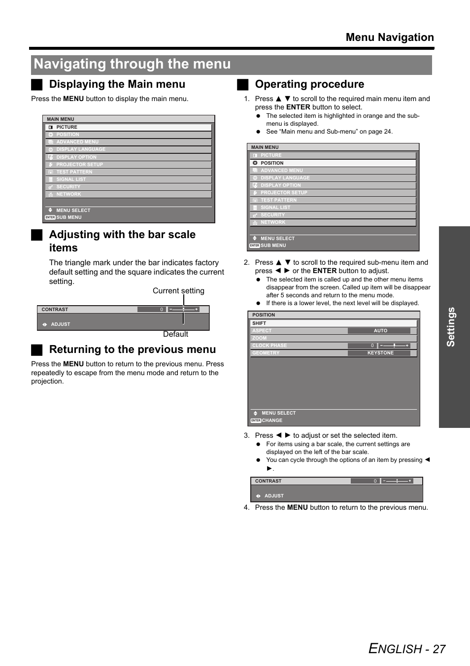 Navigating through the menu, Nglish - 27, Menu navigation | Jdisplaying the main menu, Jadjusting with the bar scale items, Jreturning to the previous menu, Joperating procedure, Settings | Panasonic DLP PT-D6000U User Manual | Page 27 / 50