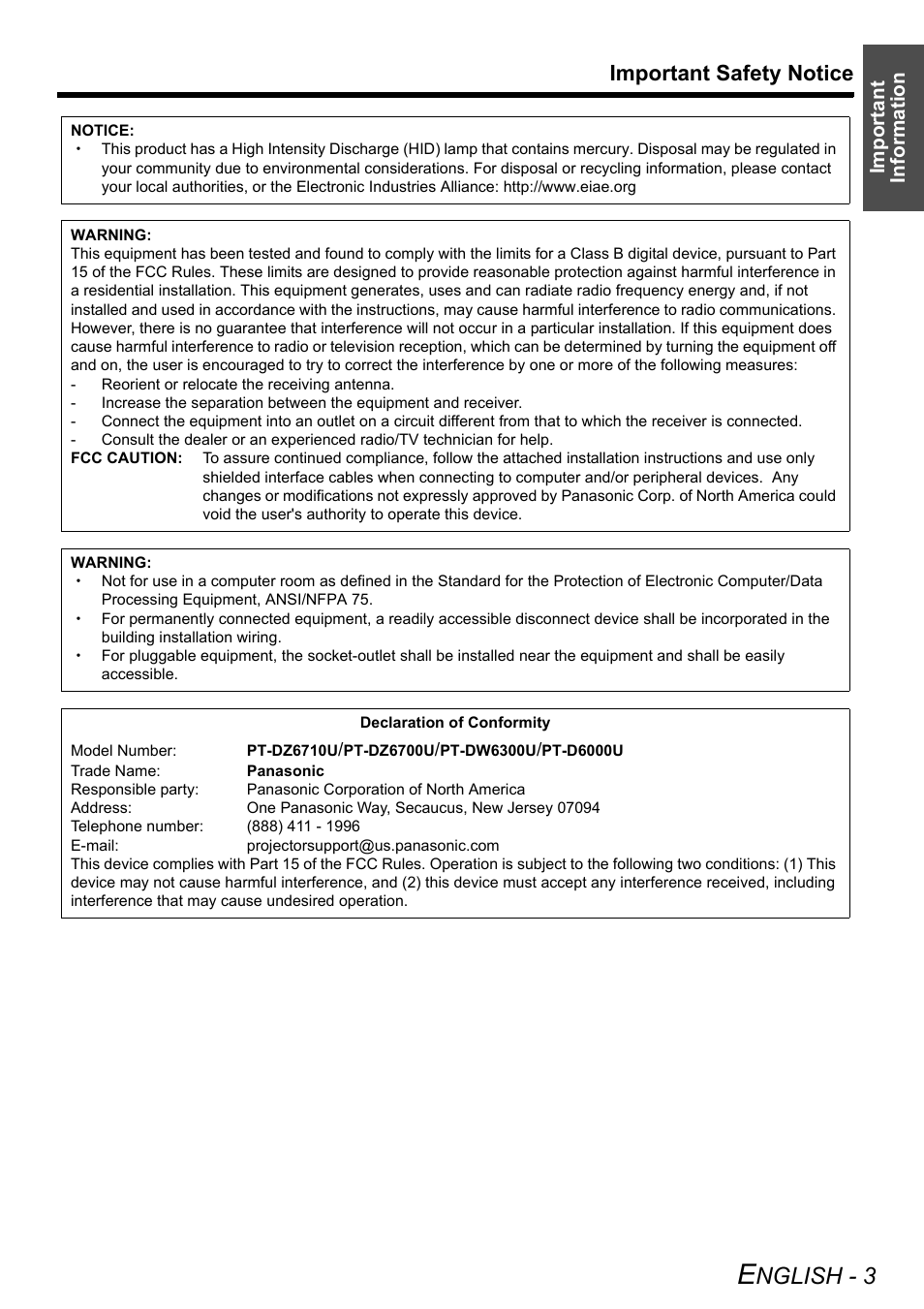 Nglish - 3, Important safety notice, Important information | Panasonic DLP PT-D6000U User Manual | Page 3 / 50