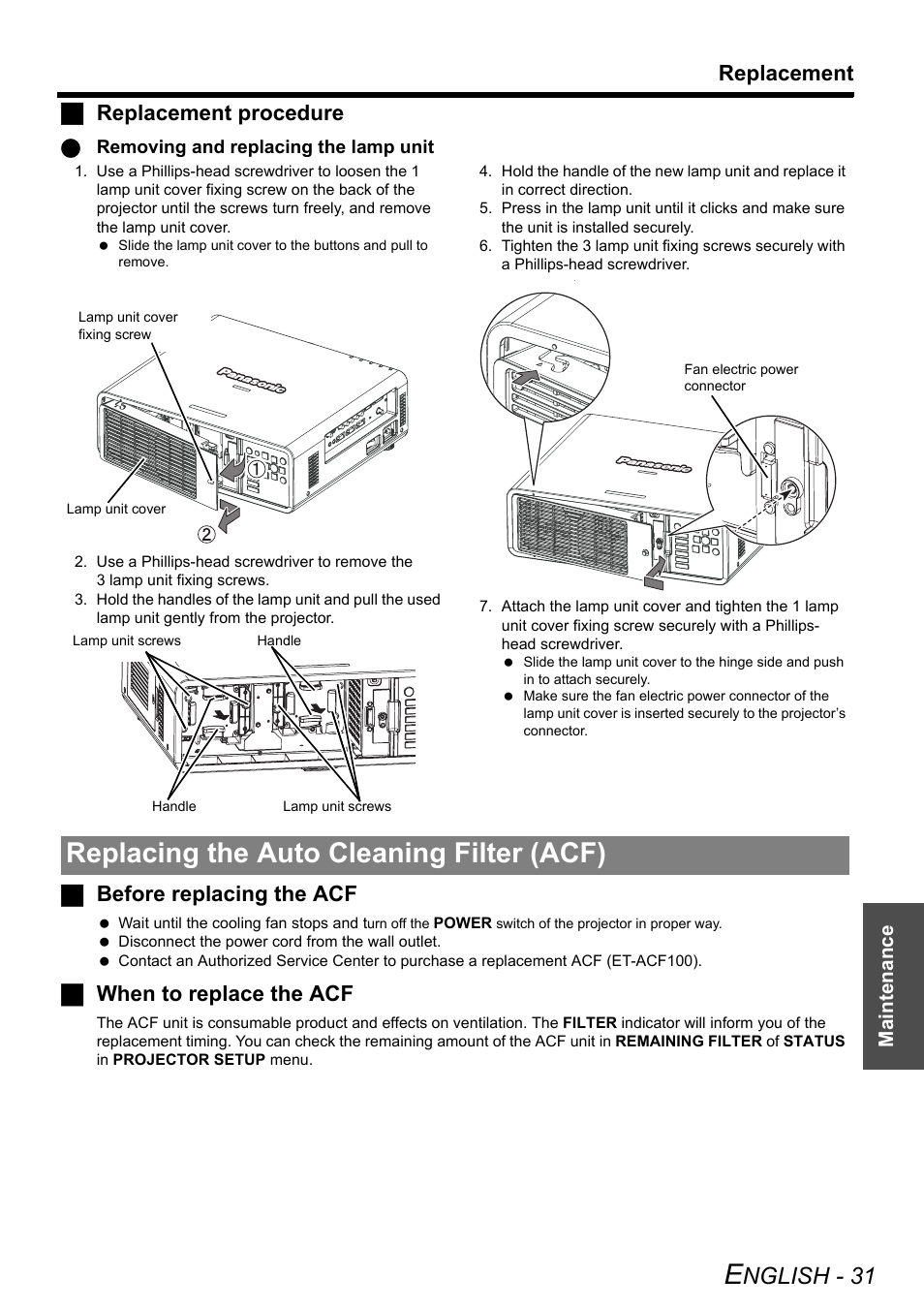 Replacing the auto cleaning filter (acf), Nglish - 31, Replacement | Jreplacement procedure, Jbefore replacing the acf, Jwhen to replace the acf | Panasonic DLP PT-D6000U User Manual | Page 31 / 50