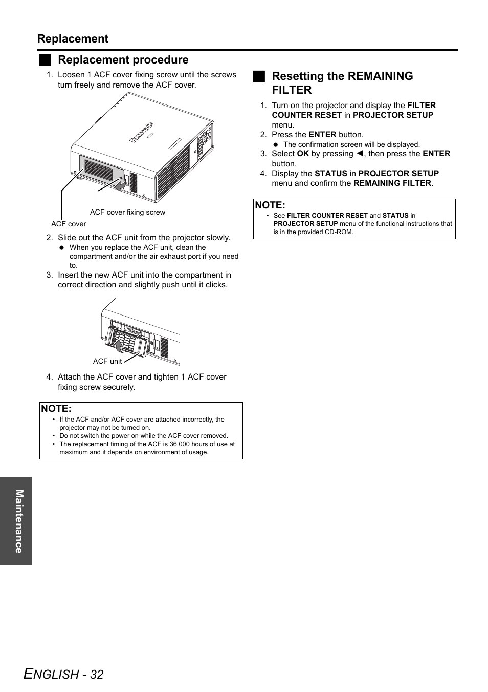 Nglish - 32, Replacement, Jreplacement procedure | Jresetting the remaining filter, Maintenance | Panasonic DLP PT-D6000U User Manual | Page 32 / 50