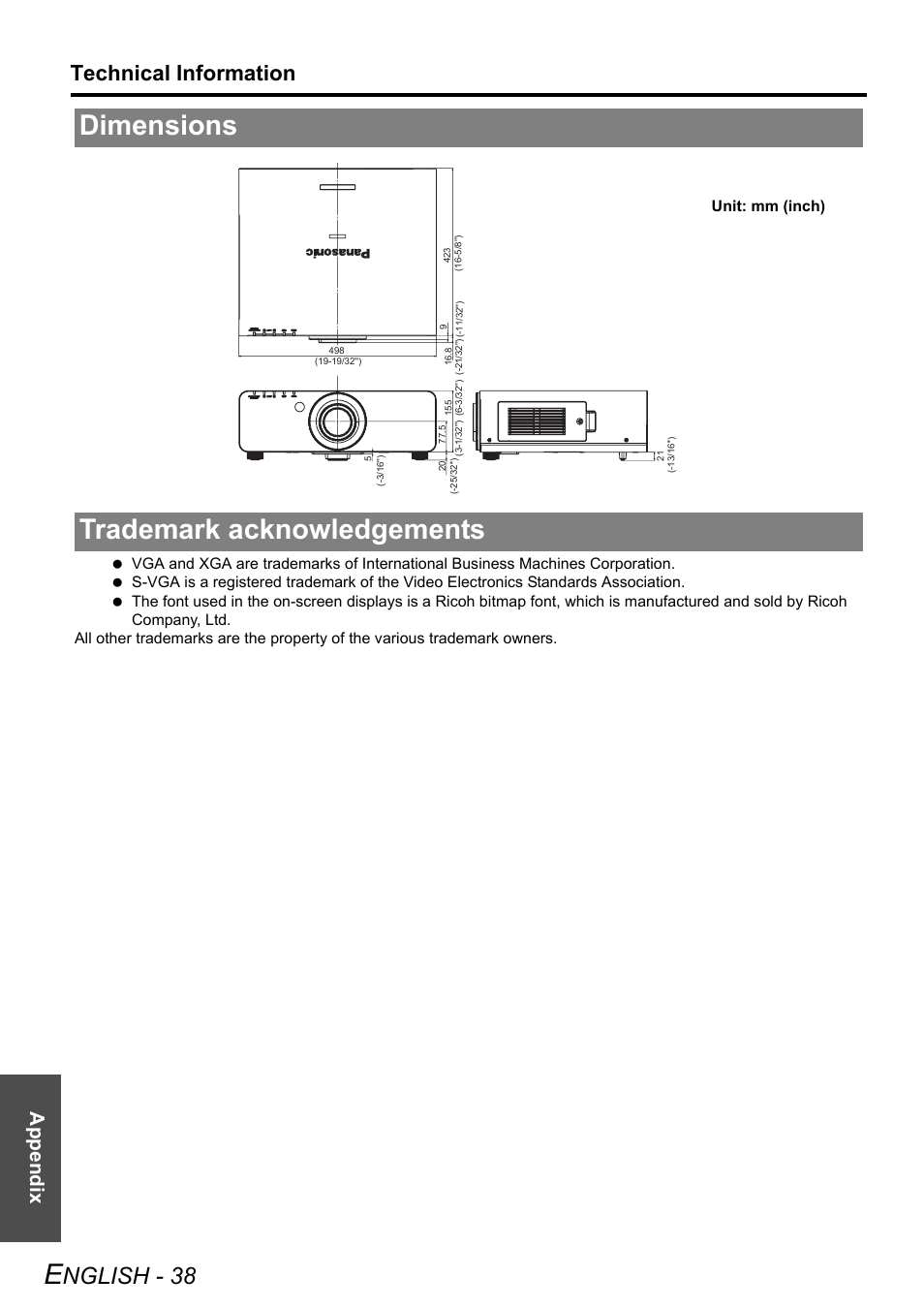 Dimensions, Trademark acknowledgements, Dimensions trademark acknowledgements | Nglish - 38, Technical information, Appendix | Panasonic DLP PT-D6000U User Manual | Page 38 / 50